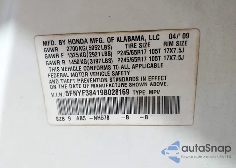2009 Honda Pilot Ex z USA, uszkodzony, nr VIN 5FNYF38419B028169